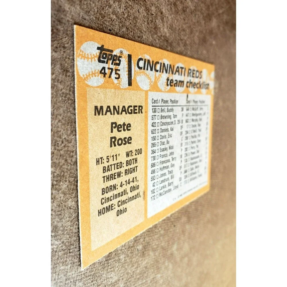 Vintage 1988 Topps PETE ROSE CINCINNATI REDS TEAM CHECKLIST MLB Card 475 CORNERS